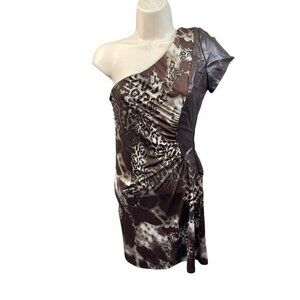 One-Shoulder Leopard Print Mini Dress With Faux Leather Detail‎